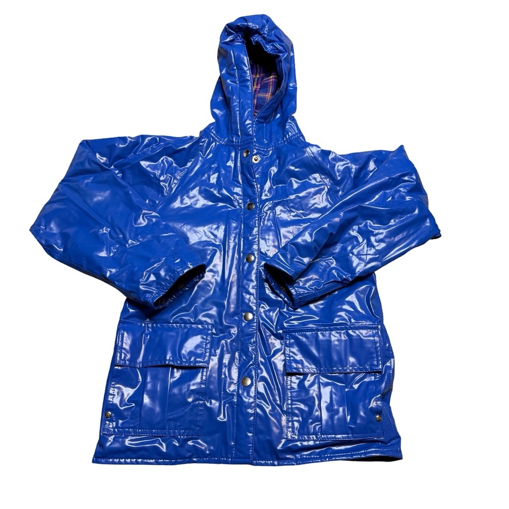 💙 Basic Editions‎ Vintage Kids Rain Jacket Size 8 Hooded Plaid Lined Coat 💙